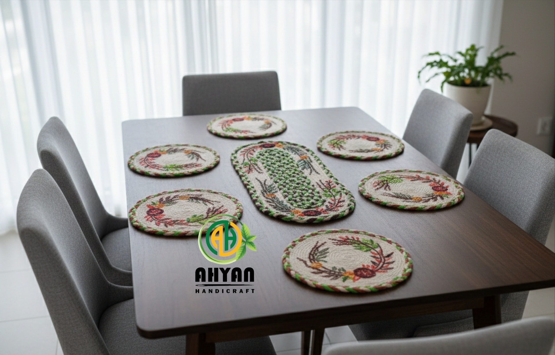 🍽️ Elegant Jute Placemats Set (7 Pieces) | Dining Table Décor with One Long Center Mat #TableStyling #EcoDecor - Image 3