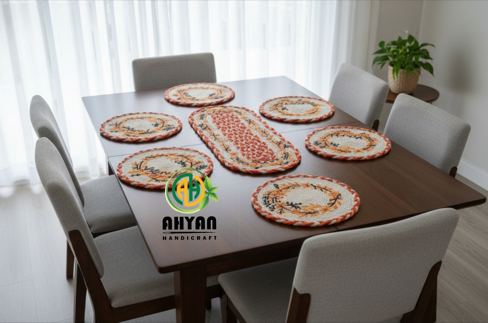 🍽️ Elegant Jute Placemats Set (7 Pieces) | Dining Table Décor with One Long Center Mat #TableStyling #EcoDecor - Image 2