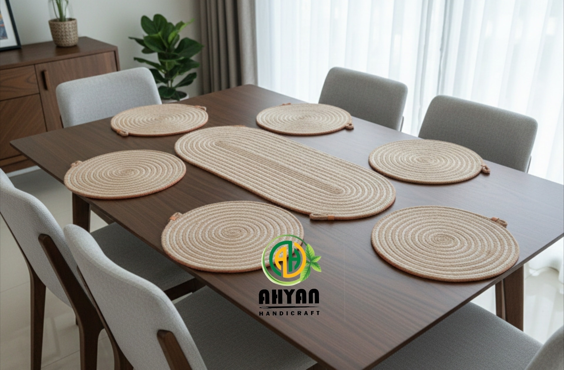 🍽️ Elegant Jute Placemats Set (7 Pieces) | Dining Table Décor with One Long Center Mat #TableStyling #EcoDecor
