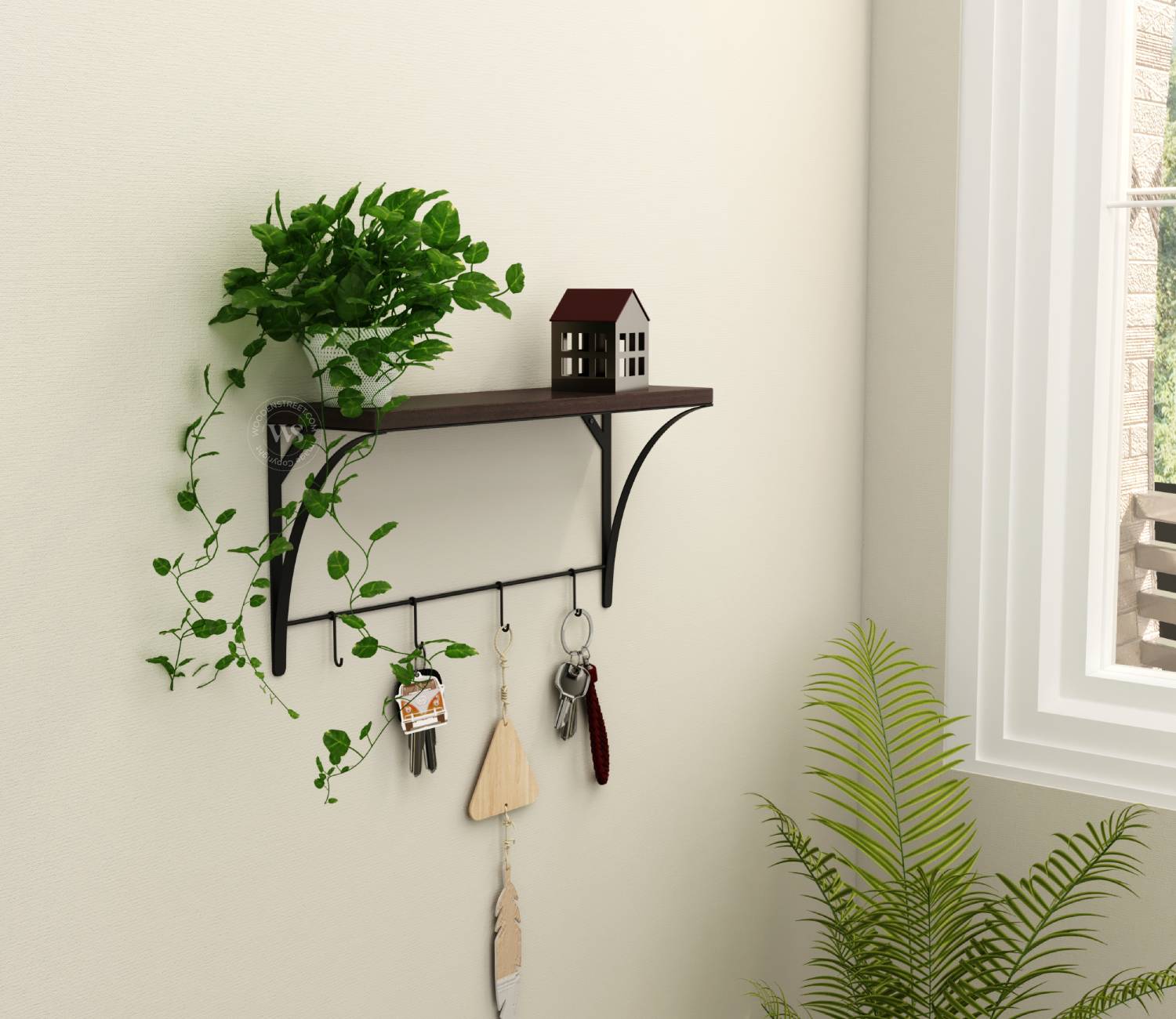 Hedwig Flowery Wenge প্রিমিয়াম ওয়াল শেলফ — ৪টি মেটাল হুকসহ স্টাইলিশ মাল্টিপারপাস ডেকর শেলফ