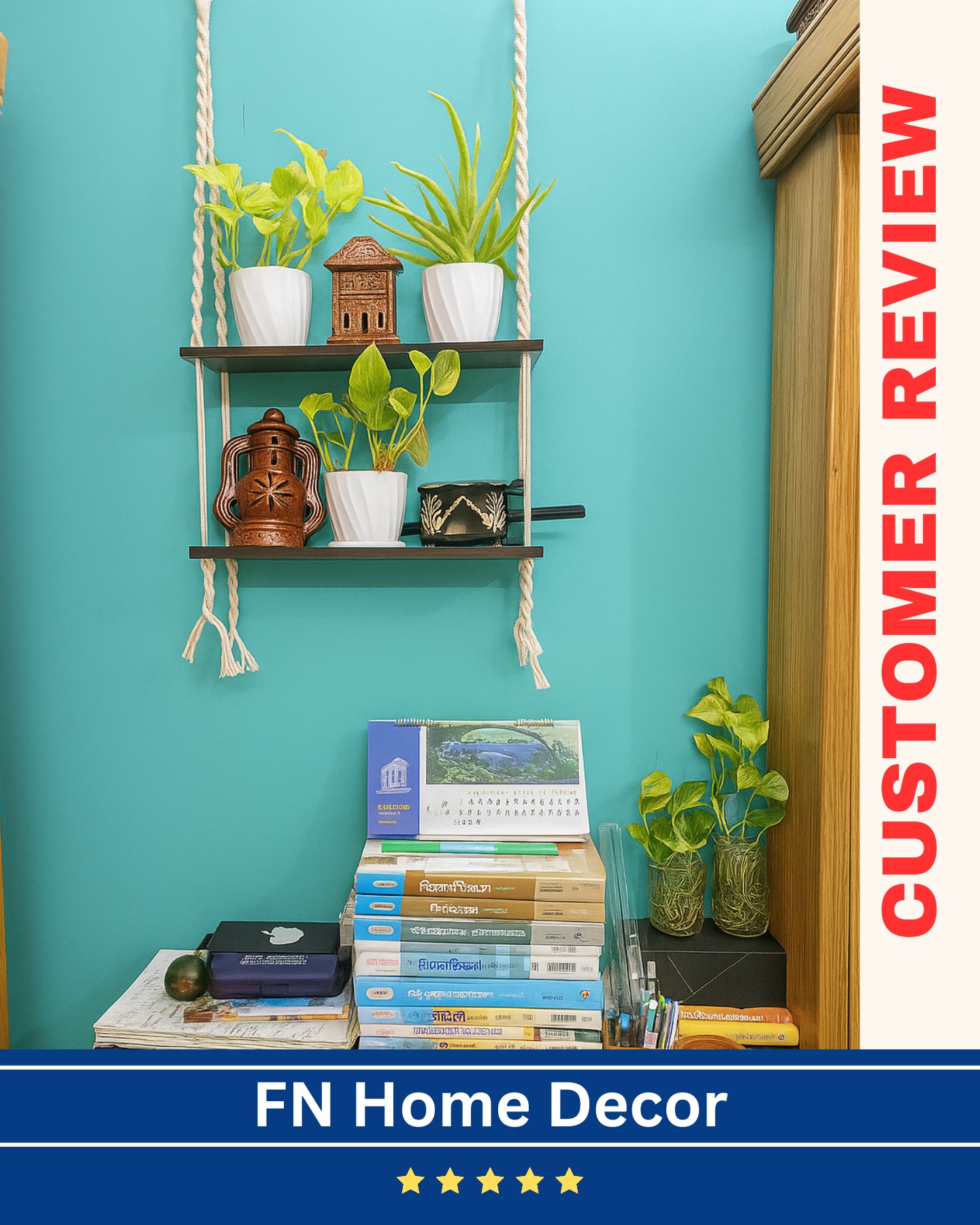 ওয়াল শেলফ — 7টি মেটাল হুকসহ স্টাইলিশ মাল্টিপারপাস ডেকর শেলফ