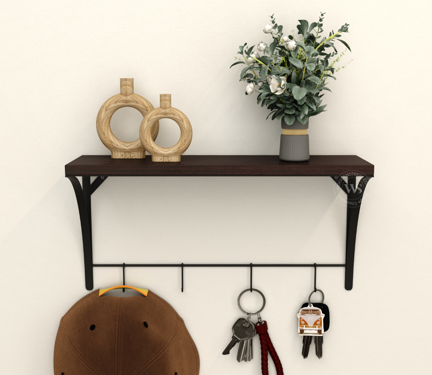 Hedwig Flowery Wenge প্রিমিয়াম ওয়াল শেলফ — ৪টি মেটাল হুকসহ স্টাইলিশ মাল্টিপারপাস ডেকর শেলফ - Image 3